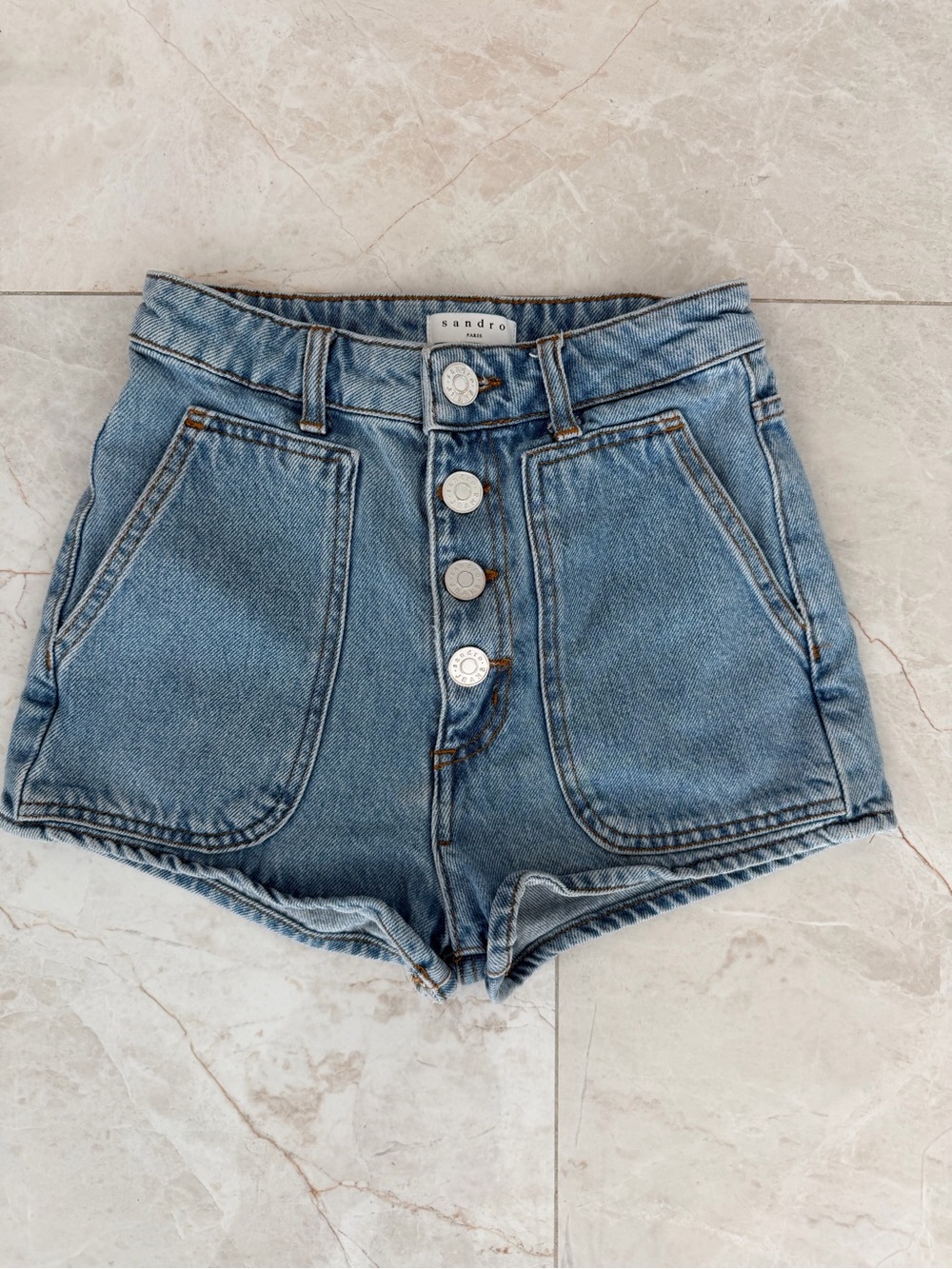 Sandro Light Blue High-Waist Button-Front Denim Shorts